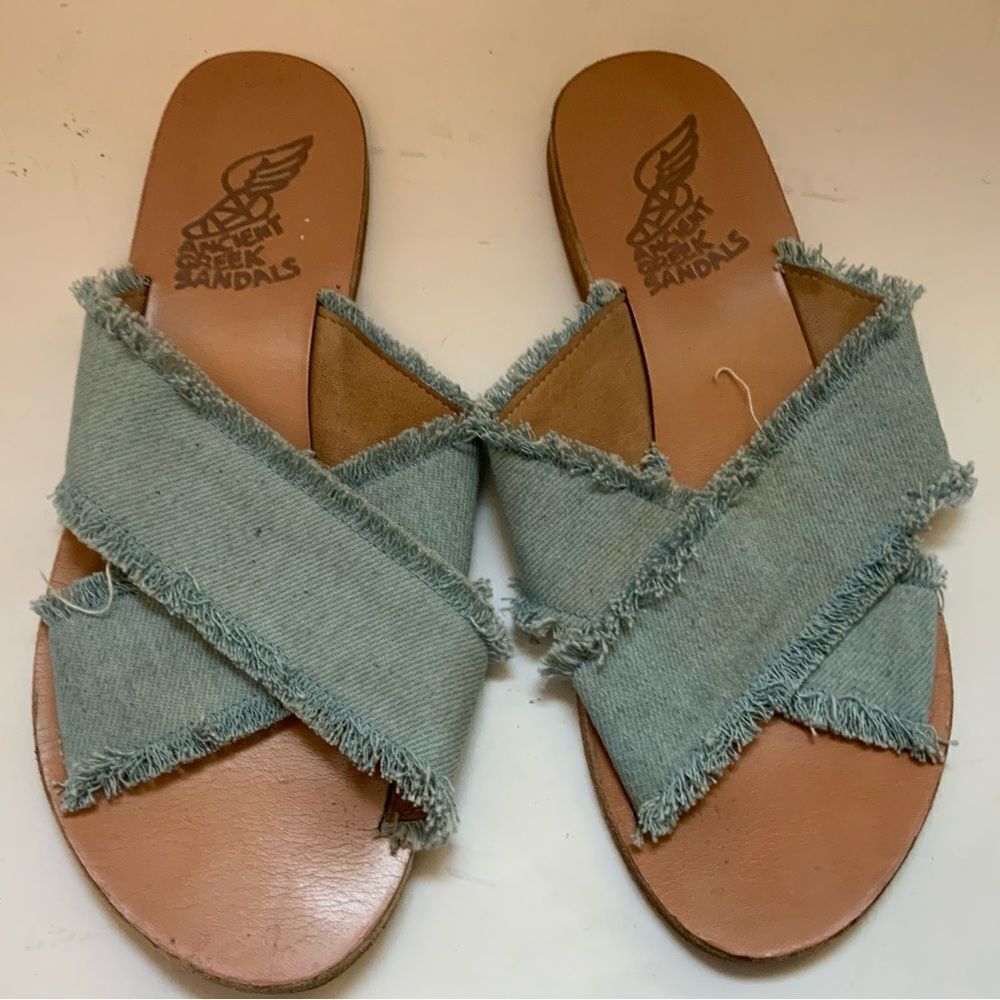 ANCIENT GREEK Slide Sandal 39 Canvas Criss Cross Flat Denim blue Womens